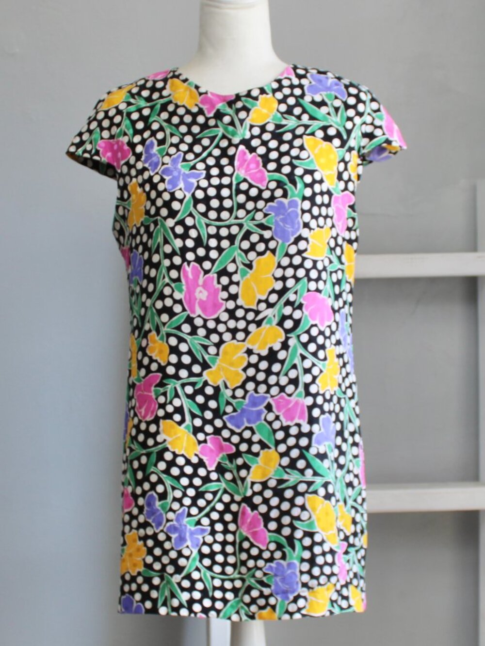 Raul Blanco Vintage 80's Floral Black White Polka-Dot Mini Shift Dress sz Small